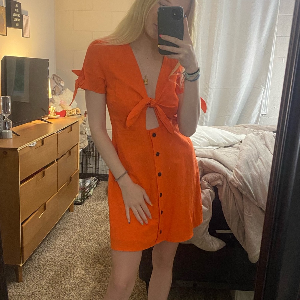Lost + Wander Orange Button/Tie Dress